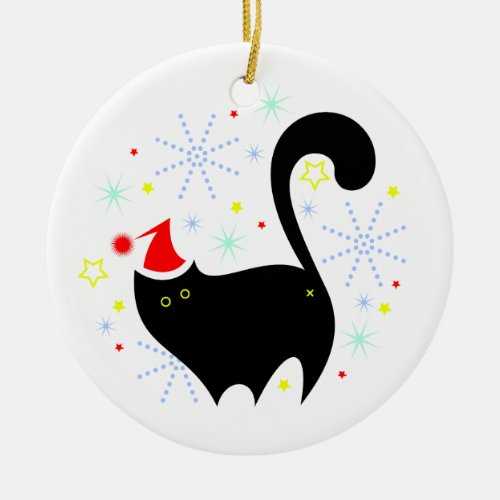 Merry Catmas Festive Black Cat Santa Hat Christmas Ceramic Ornament