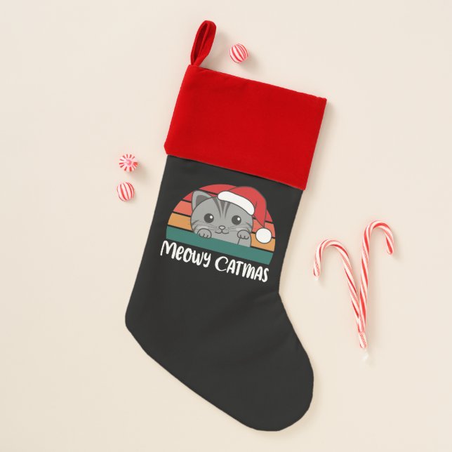 Merry Catmas Funny Cat Christmas Pun Stocking (Front)