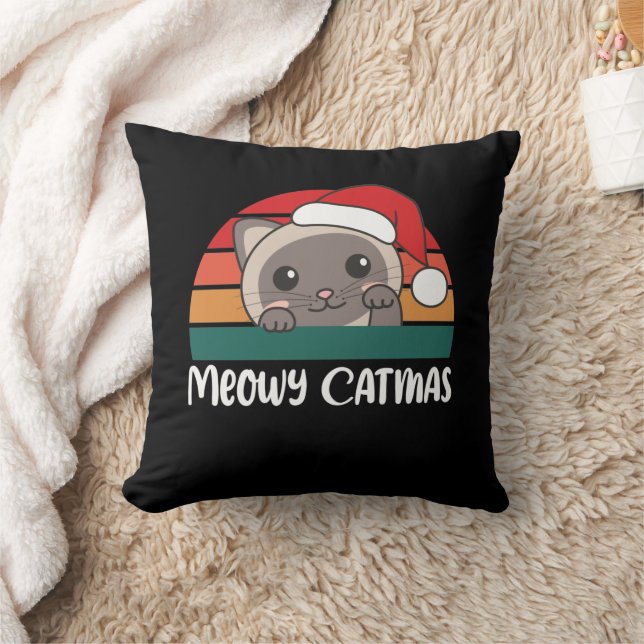 Merry Catmas Funny Cat Christmas Pun Throw Pillow (Blanket)