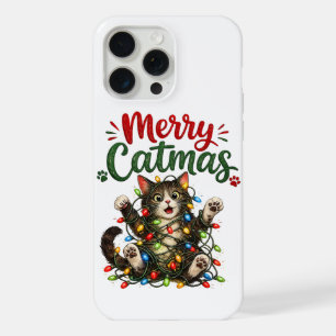 Merry Catmas Funny Cat Christmas Tree Lights Xmas iPhone 15 Pro Max Case