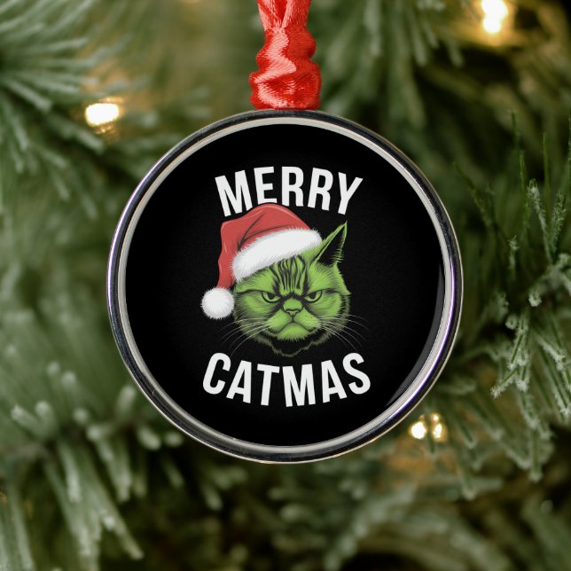 Merry Catmas Funny Cat Lovers Christmas  Metal Ornament (Tree)
