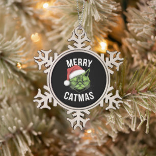 Merry Catmas Funny Cat Lovers Christmas Snowflake Pewter Christmas Ornament