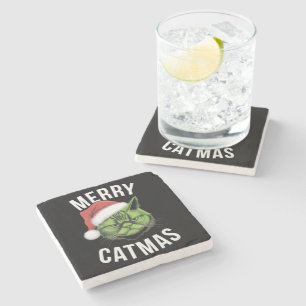 Merry Catmas Funny Cat Lovers Christmas Stone Coaster