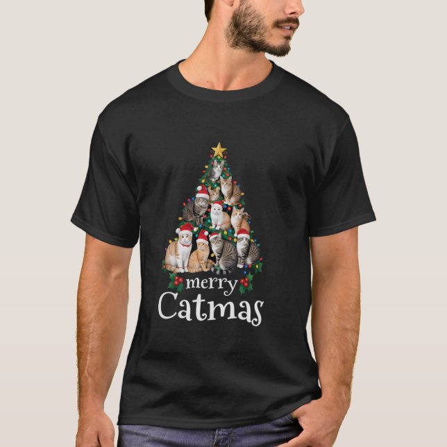 Merry Catmas Funny Cat Mom Cat Dad Christmas Tree  T-Shirt (Front)