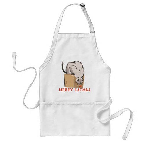 Merry Catmas  Funny Cat On a Box Christmas Cook Adult Apron