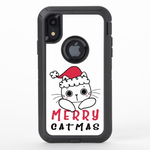 Merry Catmas funny christmas cat wearing santahat OtterBox Defender iPhone XR Case