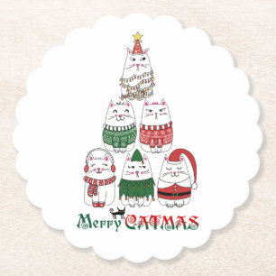 Merry Catmas Funny Christmas Kitten Tree Paper Coaster