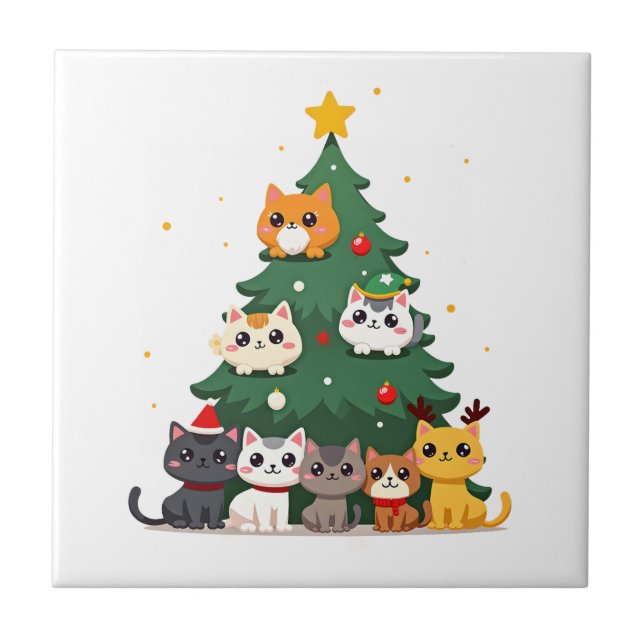 Merry Catmas Funny Christmas Tree, Cats Xmas Meow  Ceramic Tile (Front)