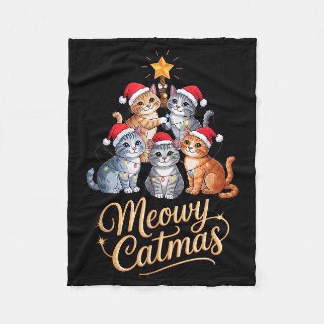 Merry Catmas Funny Christmas Tree Matching Meowy X Fleece Blanket (Front)