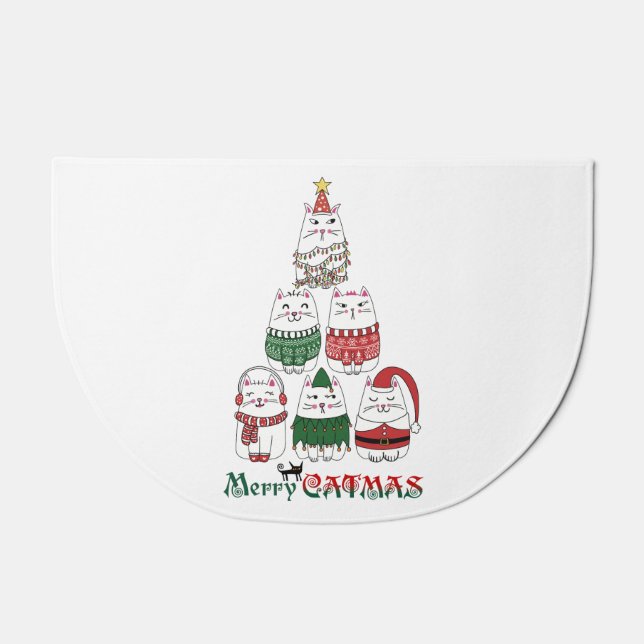 Merry Catmas Funny Meowy Christmas Kitten Tree Doormat (Front)