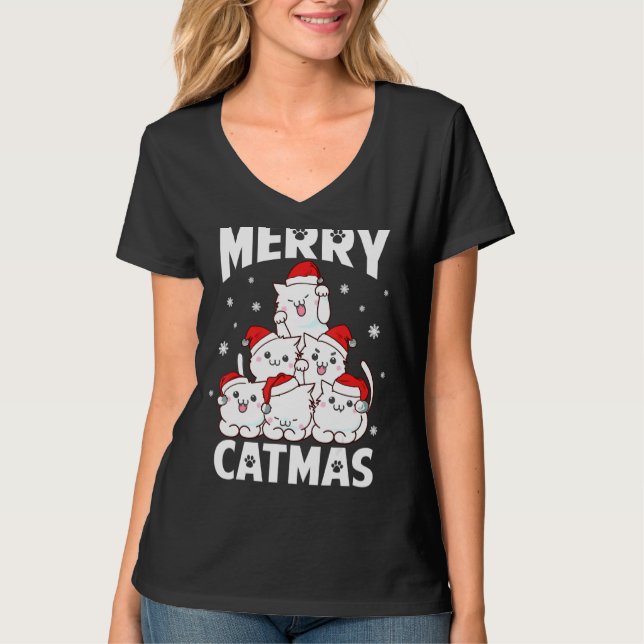 Merry Catmas Funny Pun Christmas Cat Lover Matchin T-Shirt (Front)