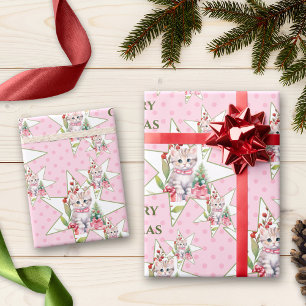 Merry Catmas Pink Christmas Cat Wrapping Paper