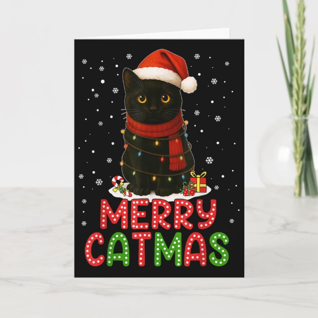 Merry Catmas Santa Hat Funny Black Cat Christmas W Card (Front)