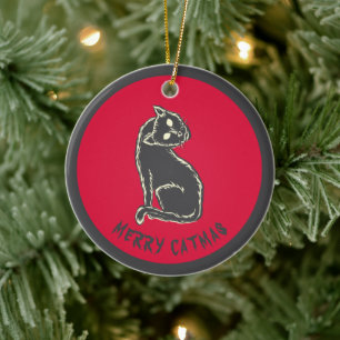 Merry Catmas Spooky Cat Horror Christmas Ceramic Ornament