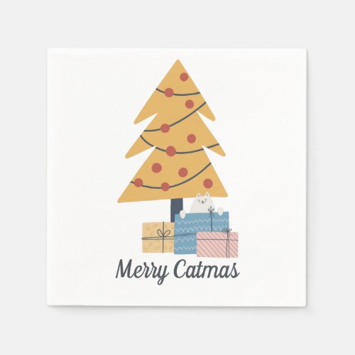 Merry Catmas white cat Christmas tree gifts Napkins