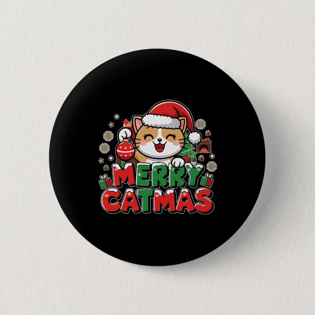 Merry Catmas Xmas Decoration Santa Cat Funny Chris Button (Front)