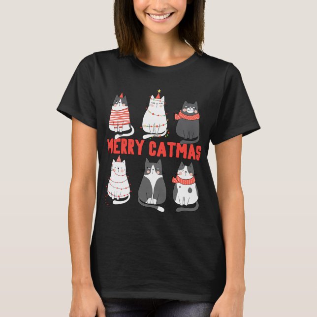 Merry Catmas Xmas Novelty Cat Lover Christmas Ligh T-Shirt (Front)