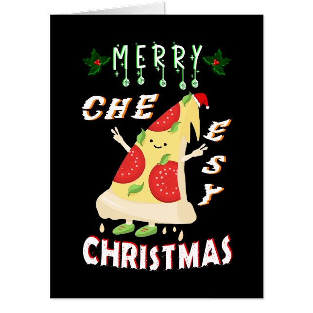 Merry Cheesy Christmas Xmas Santa Pizza Christmas Card (Front)