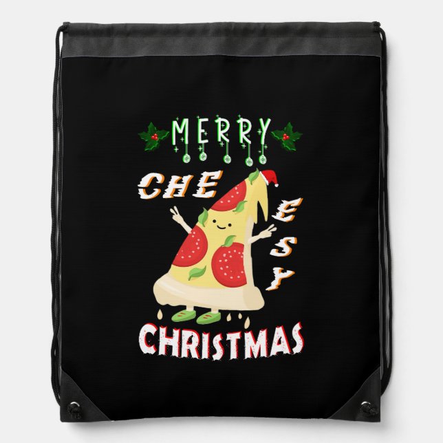 Merry Cheesy Christmas Xmas Santa Pizza Christmas Drawstring Bag (Front)