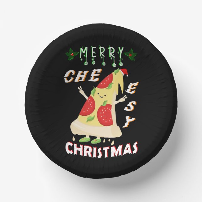 Merry Cheesy Christmas Xmas Santa Pizza Christmas Paper Bowls (Front)