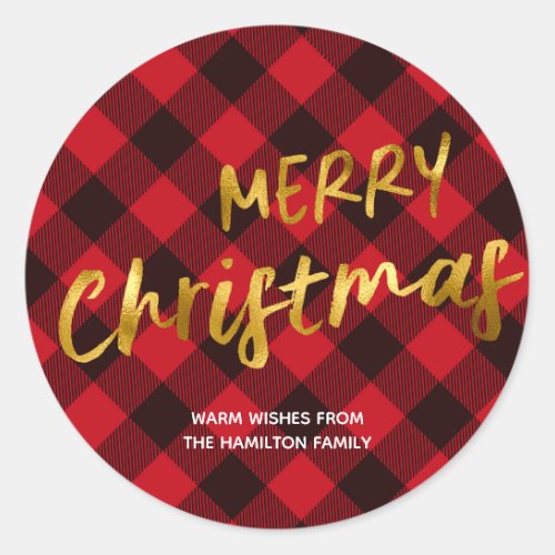 Merry Chirstmas Buffalo Plaid and Gold Foil Script Classic Round Sticker