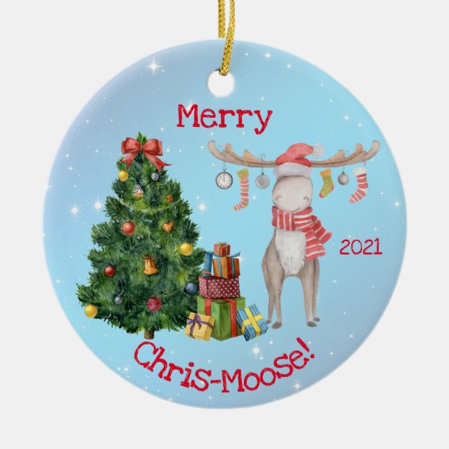 Merry Chris-Moose and Polar Bear Christmas Ceramic Ornament (Front)