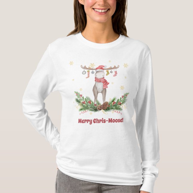 Merry Chris-Moose With Stockings On His Antlers T-Shirt (Front)