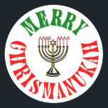 Merry Chrismanukah- Christmas Chanukah Menorah Classic Round Sticker<br><div class="desc">The perfect way to celebrate both Christmas and Hanukah all at the same time. Merry Christmas   Happy Chanukah = Merry Chrismanukah,  complete with Candy Cane Menorah Candles.</div>