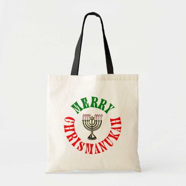 Merry Chrismanukah- Christmas Chanukah Menorah Tote Bag (Front)