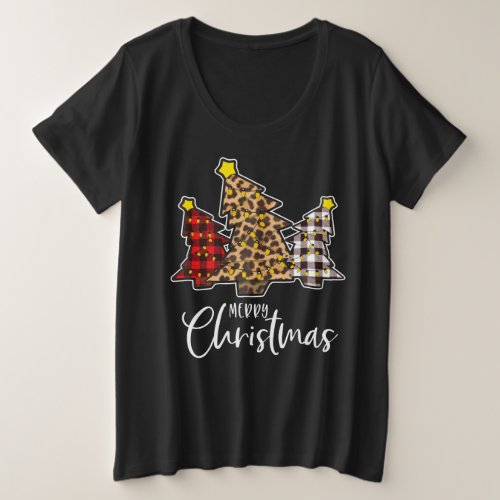 Merry Chrismas Tree Plaid Leopard Print Plus Size T_Shirt