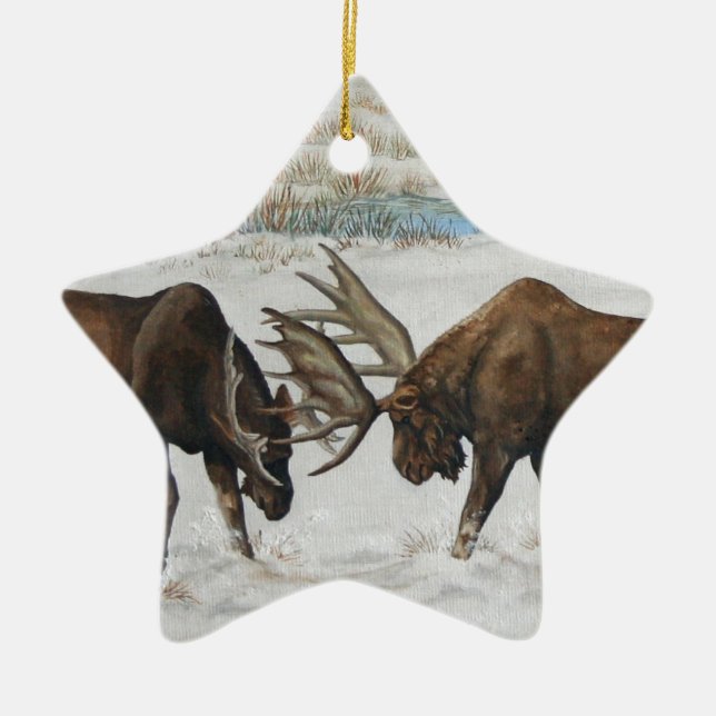 Merry Chrismoose Bull Moose Wildlife Art Ceramic Ornament (Front)