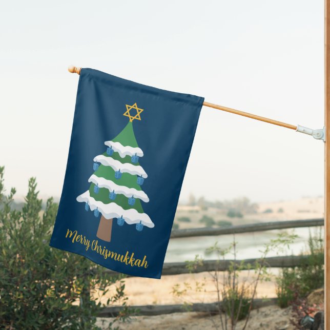 Merry Chrismukkah Cute Hanukkah Christmas House Flag (Insitu (Back))