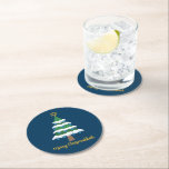 Merry Chrismukkah Cute Hanukkah Christmas Tree Round Paper Coaster<br><div class="desc">This cute Merry Chrismukkah party paper coaster features a green Christmas tree decorated with blue dreidel ornaments and a gold Jewish Star of David at the top for Hanukkah to combine the 2 holidays for a family that celebrates both.</div>