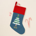 Merry Chrismukkah Cute Hanukkah Dreidel Tree Christmas Stocking<br><div class="desc">This cute Chrismukkah stocking features a green Christmas tree decorated with blue dreidel ornaments and a gold Jewish Star of David at the top for Hanukkah to combine the 2 holidays for a family that celebrates both. Personalize with your name in gold.</div>