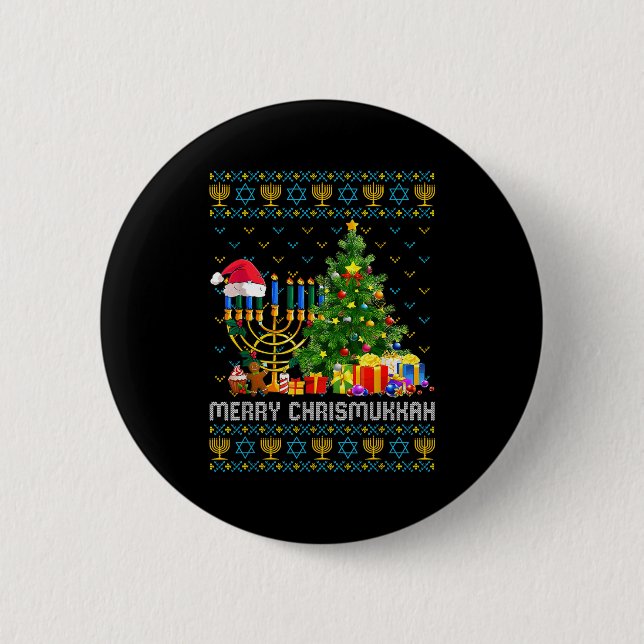 Merry Chrismukkah Happy Hanukkah Ugly Sweater Fami Button (Front)