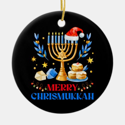 Merry Chrismukkah Holiday Hanukkah Pajama Family M Ceramic Ornament