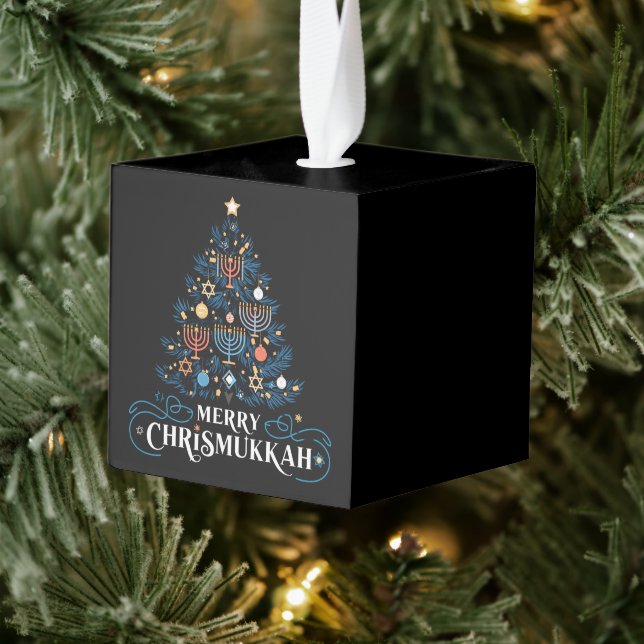 Merry Chrismukkah Jewish Holiday Hanukkah Cube Ornament (Tree)