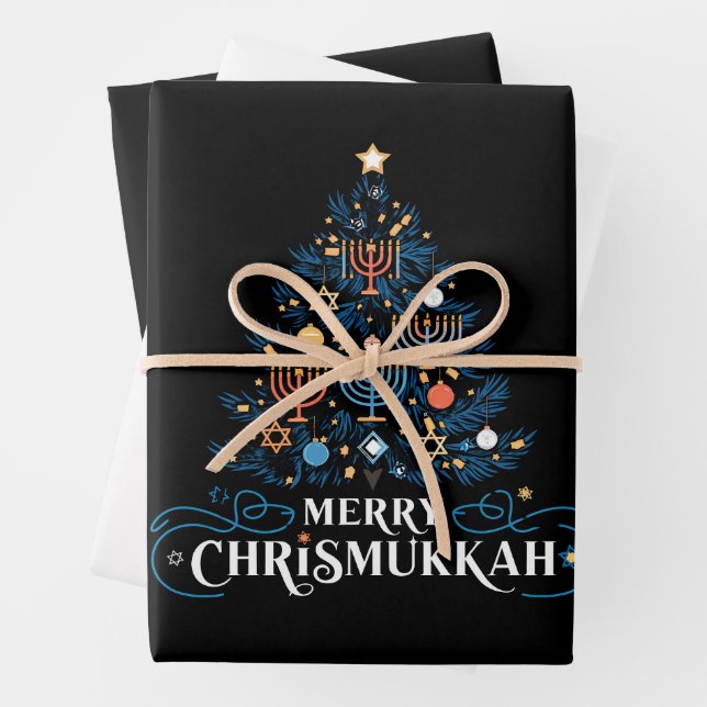 Merry Chrismukkah Jewish Holiday Hanukkah Wrapping Paper Sheets (In situ)
