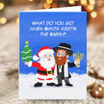 Merry Chrismukkah Santa Meets the Rabbi Funny Card<br><div class="desc">Celebrate the season of light and joy with this unique Chrismukkah greeting card! Featuring Santa Claus holding a Christmas tree alongside a Rabbi holding a glowing menorah, this festive interfaith holiday card beautifully blends Christmas and Hanukkah traditions. Perfect for families and friends who celebrate both holidays, it captures the warmth...</div>