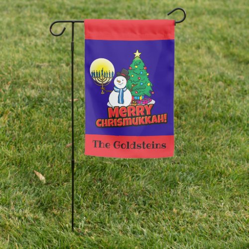 Merry Chrismukkah Snowman and Menorah Blue and Red Garden Flag