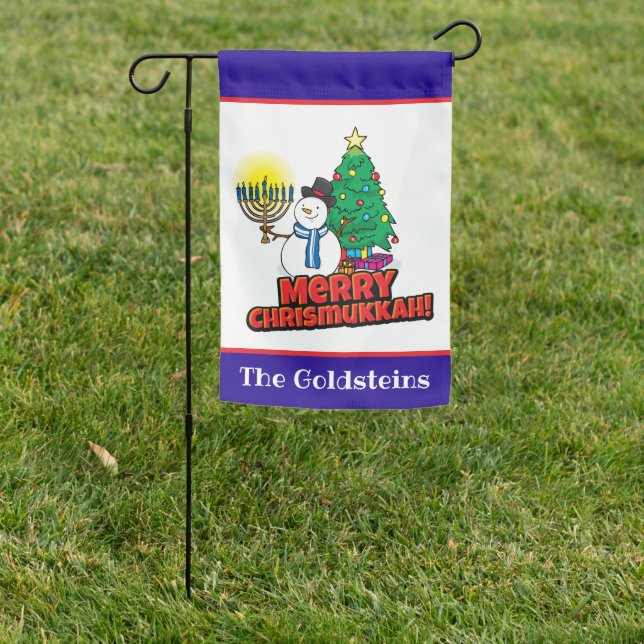 Merry Chrismukkah Snowman and Menorah Blue White Garden Flag (In SItu)