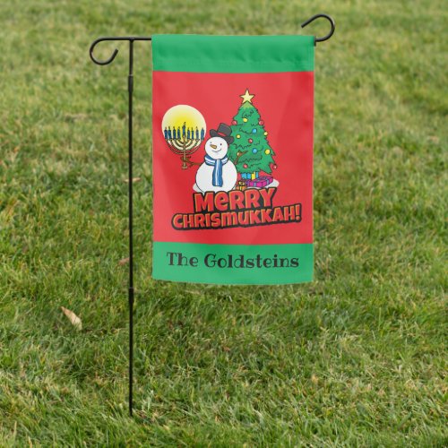 Merry Chrismukkah Snowman and Menorah Red Green Garden Flag