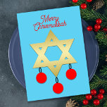 Merry Chrismukkah Star of David and Ornaments  Holiday Card<br><div class="desc">This Merry Chrismukkah card features a golden Star of David in the center on a blue background. There are three red Christmas ornaments hanging from the Star of David. The top of the card features the words "Merry Chrismukkah" in red script. On the back of the flat card is the...</div>