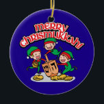 Merry Chrismukkah with Elves and Dreidels Ceramic Ornament<br><div class="desc">Add these fun interfaith (Hanukkah and Christmas) ornaments to your Chrismukkah celebrations this year. If you celebrate the holidays together, these are a nice touch. This is our design and you won't find it anywhere other than in our store. Chrismukkah is celebrated by people usually in families with both Jewish...</div>