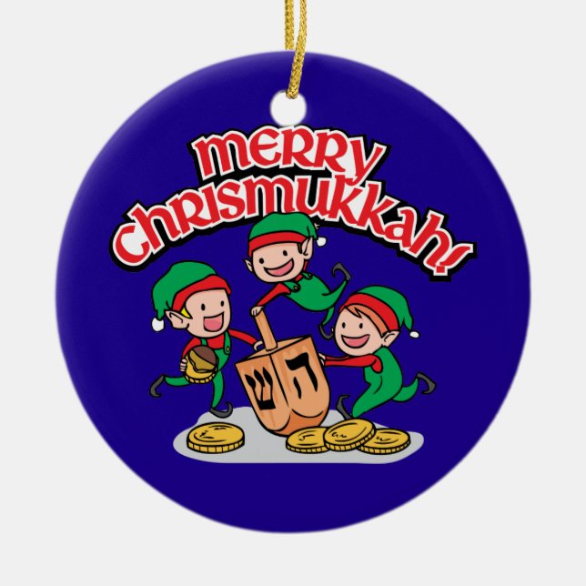 Merry Chrismukkah with Elves and Dreidels Ceramic Ornament (Front)