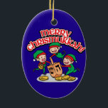Merry Chrismukkah with Elves and Dreidels Ceramic Ornament<br><div class="desc">It's a true Chrismukkah for 2019! Christmas and Hanukkah fall over the same week! Add these fun interfaith (Hanukkah and Christmas) oval ornaments to your Chrismukkah celebrations this year. If you celebrate the holidays together, these are a nice touch. This is our design and you won't find it anywhere other...</div>