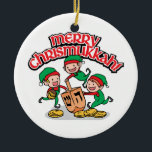 Merry Chrismukkah with Elves and Dreidels Ceramic Ornament<br><div class="desc">Add these fun interfaith (Hanukkah and Christmas) ornaments to your Chrismukkah celebrations this year. If you celebrate the holidays together, these are a nice touch. This is our design and you won't find it anywhere other than in our store. Chrismukkah is celebrated by people usually in families with both Jewish...</div>