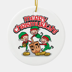 Merry Chrismukkah with Elves and Dreidels Ceramic Ornament