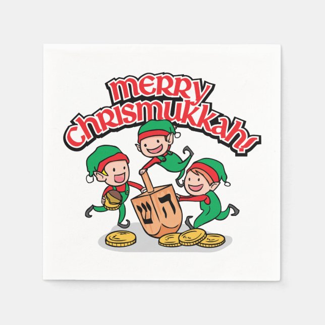 Merry Chrismukkah with Elves and Dreidels Napkins (Front)