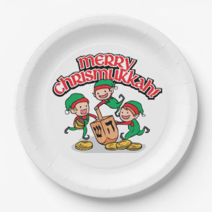 Merry Chrismukkah with Elves and Dreidels Paper Plates